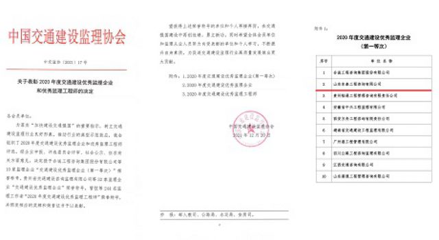 喜訊！公司獲批中國交通建設(shè)監(jiān)理協(xié)會第一等次優(yōu)秀監(jiān)理企業(yè)